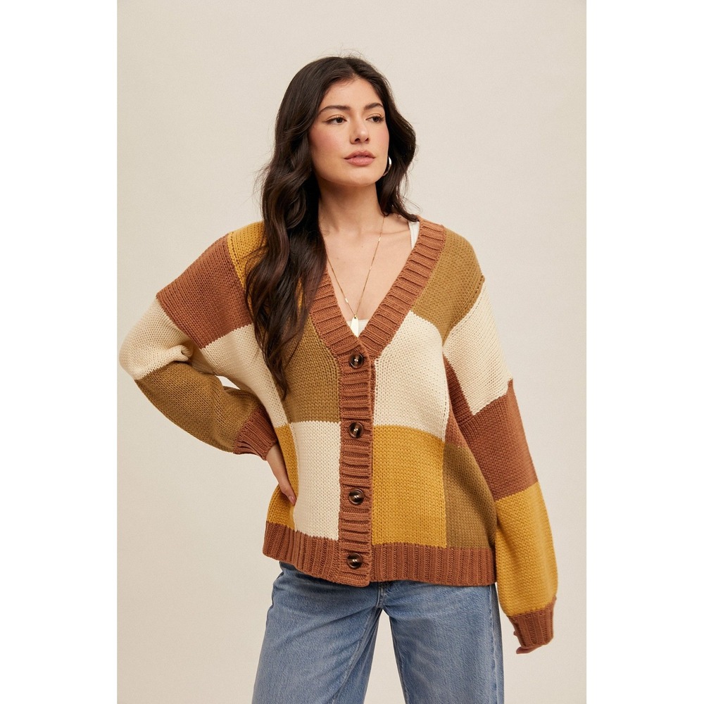 Hem & Thread Women Patchwork Colorblock Cardigan Sweater Brown Yellow M/L NEW